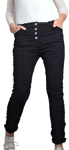 Jewelly Stretch Jeans | i baggy pojkvänssnitt | Dambyxor med dekorativ knapplås | Perfekt passform, svart, L