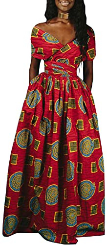 OLIPHEE Robe Femme Imprimer lâche Grande Taille Afrique sans Manches Une épaule De Multiples Façons De Porter(XL, Cercle Rouge)