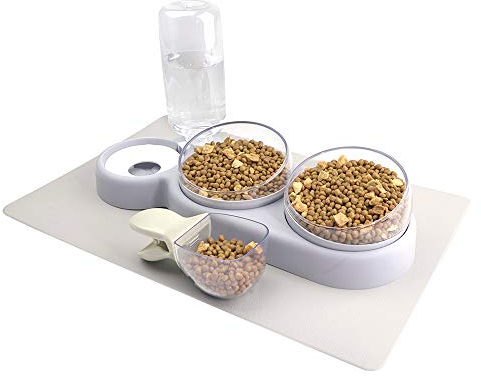 Cat Bowls, NATRUTH Gravity Water and Double Food Triple Bowls with a Bowl Mat Spoon, Wet Dry Feeding Set, Pet food for Cats Small Dogs (Grey)