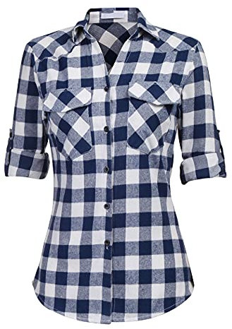 UNibelle Trachtenhemd Damen Bluse Kariert Hemd V-Ausschnitt Trachtenbluse Langarm Karierte Hemden Oktoberfest Karohemd Knöpfen Trachten Oberteil Navyblau-B XL