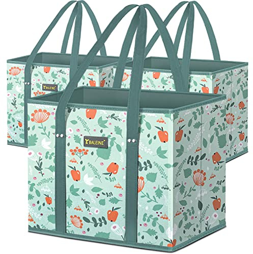 BALEINE 3Pk Reusable Grocery Bags, Foldable Shopping Bags for Groceries with Reinforced Bottom & Handles (Spring Stroll)