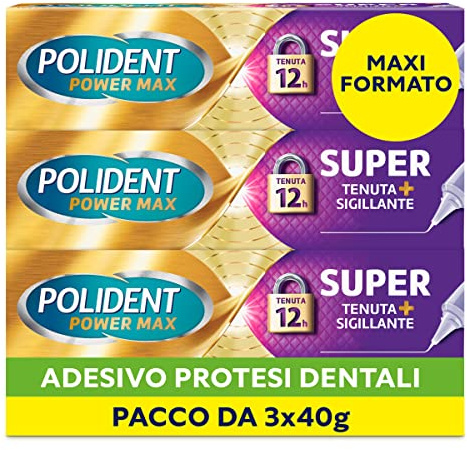 Polident Super sellado + sellador, adhesivo para prótesis dental, 12 horas de duración diaria, sabor neutral, paquete de 3 x 40 g
