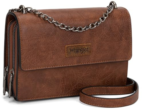 Wrangler Flap CrossBody Bag for Women Small Clutch Wallet Purse Trendy Shoulder Bag with Chain Strap Brown Gift WG149-236DBR