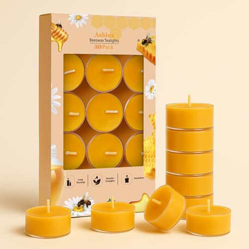 Ashlux Velas de Té de Cera de Abeja 100% Natural, 30 Unidades, 4 Horas de Combustión, Sin Perfume y Sin Humo, Para Hogar, Bodas, Navidad y Spa