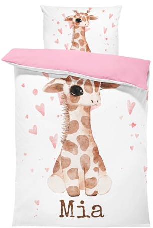 Ensemble de Parure de Lit Personnalisable avec Nom pour Bébé et Enfant - Couleur de base en coton sélectionnable - Animaux, Housse de Couette Zippée et Taie d'Oreiller Incluses (girafe, 80 x 120)
