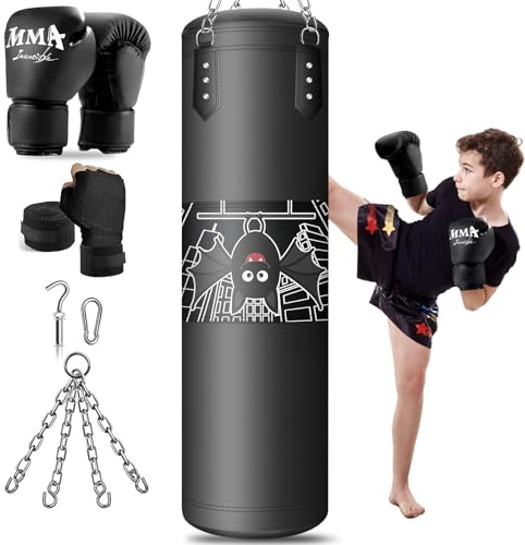 Boxsack für Kinder Hängend Schwerer mit Boxhandschuhen für Kinder 3-12 Jahre MMA Kickboxen Karate Muay Thai Kämpfen Zuhause Turnhalle Taekwondo Ausbildung (Ungefüllt)