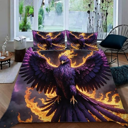 Ruiqieor Bettwäsche 135x200cm,Feuer-Phönix Motiv Bettbezug Set 3 Teilig Bettbezug Weiche Mikrofaser Baumwolle Bettdeckenbezug mit Reißverschluss und 2 Kissenbezug 80x80cm（#2）