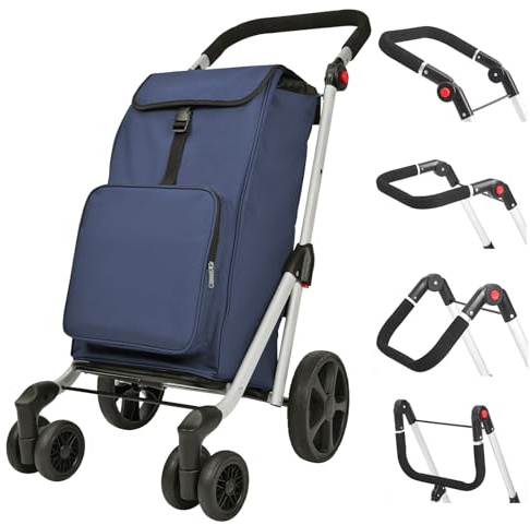 LEUYA ABC Chariot de Courses, Panier Pliable, avec 8L Sac Isotherme, Poignées Réglables, 45L Chariot de Courses en Aluminium, 25KG, 6 Roues Robustes, Rangement et Épicerie (Bleu)