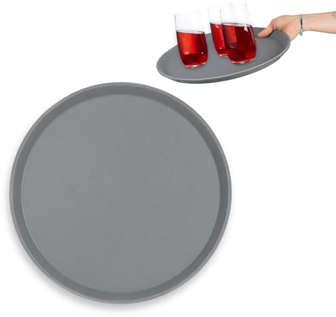 Relaxdays Serveringsbricka, halkfri yta, 35 cm, rund servitörsbricka, drycker, gastronomi, plast, grå