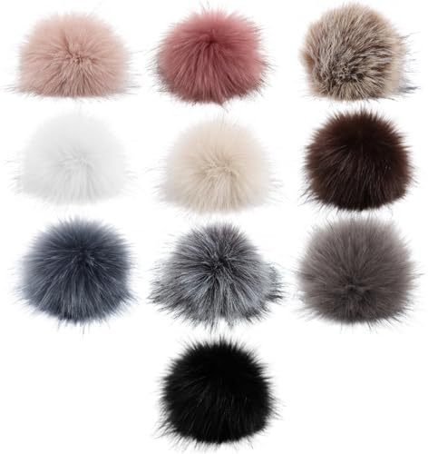 MIRKUZI Accesorios para punto y ganchillo, 10 piezas Gorro con pompón de piel sintética con banda elástica para gorro tejido bufanda bolso llavero accesorio