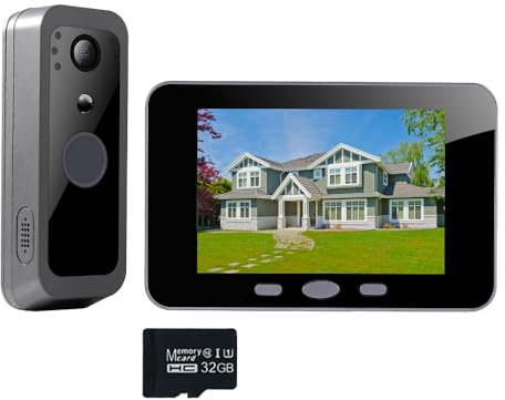 Videocitofono Campanello Senza Fili con Schermo a 4.3 Pollici, Spioncino Citofono Telecamera 1080P con Scheda di Memoria 32GB, Rilevamento del Movimento, Audio Bidirezionale, Impermeabile,IP65.