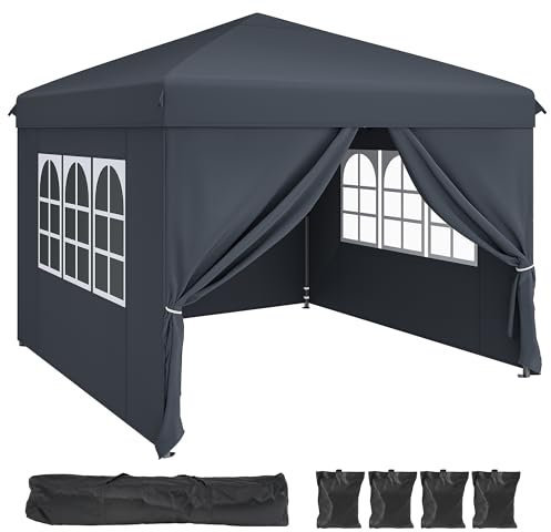 DWVO 3x3Meter Outdoor Pop-Up Gazebo with Sides and Windows All-Season Waterproof Folding Camping Gazebo – Garden Canopy with Anti-UV Protection, Adjustable Height, Stakes, Rope & Carry/Weight Bags