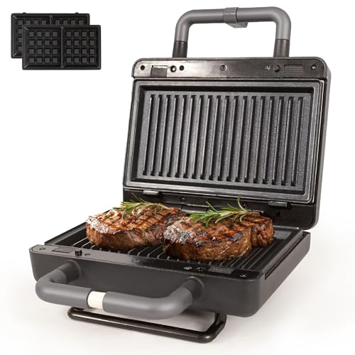 Gadgy Piastra Waffle e Sandwich Maker 800W 2-in-1 – Piastre Rimovibili Antiaderenti – Tostiera Elettrica Nero Opaco – Termostato – Conservazione Verticale – Piedini Antiscivolo