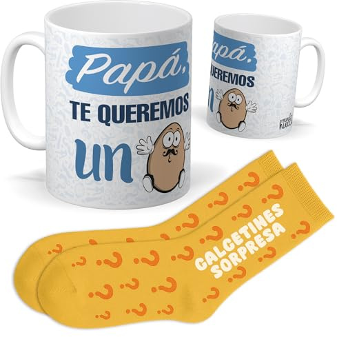 Set para Papá | Taza papá te queremos un huevo + Calcetines Sorpresa | Regalo Original y Divertido para Hombre | Pensado para Cumpleaños, Día del Padre, Navidad y Ocasiones Especiales con Familia