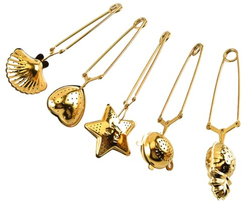 jojofuny Lot de 5 Infuseurs à Thé Créatifs en Acier Inoxydable Doré Passoires à Thé Réutilisables avec Pince Compatibles Herbes et Épices pour Préparation Facile et Rapide