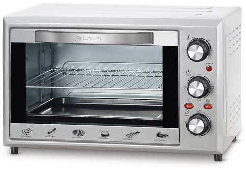 Grunkel - Horno eléctrico multifunción de sobremesa de 28L - HR-28SILVER - Con 3 funciones de calor, selector de temperatura hasta 230ºC y temporizador de 60 min. Accesorios incluidos - 1600W - Gris