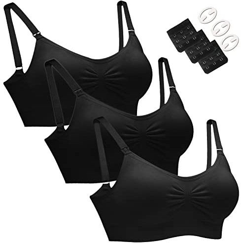 HOFISH Maternity Nursing Bras Seamless 3 Pack Sleep Bralette for Breastfeeding with Free Bra Extenders & Clips(Black,XL)