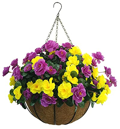 Indoors And Outdoors Decoration Artificial Big Azaleas Yellow And Purple Silk Flowers Plant Cute DIY Chain Hanging Basket With Flower Pot (Medium Basket)