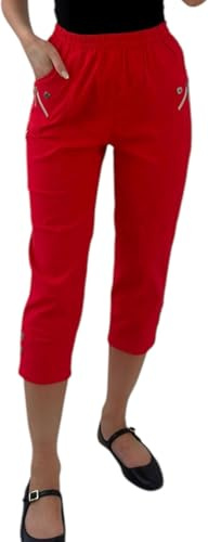 Crazy Fashion Ladies Capri Pantaloni a Tre Quarti Morbidi a 3/4 da Donna Pullover Corto Elasticizzato Pantaloncini in Vita Elasticizzati Plus Size Pantaloni Estivi da donnaEUR (Red, 12)