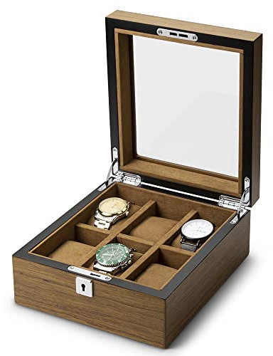 ROFAY Boîte de rangement en bois massif avec plateau en verre, texture écorce de qualité supérieure, 6 emplacements avec serrure pour le rangement de bijoux et de montres