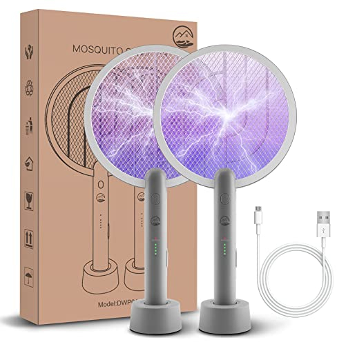 Electric Fly Swatter Racket, Mosiller 4000V 2 in 1 Bug Zapper with USB Rechargeable Base, Powerful Mosquitoes Trap Lamp & Fly Killer with 3-Layer Safety Mesh for Home, Indoor, Bedroom(Grey-1 Pack)