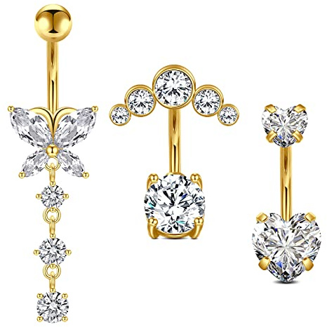 Vcmart 3pcs Barre per Ombelico d'oro 10mm Acciaio Chirurgico Anelli per Ombelico Cuore Farfalla Piercing Gioielli