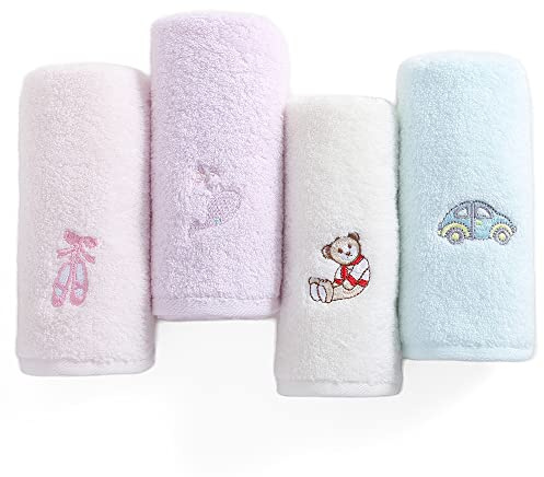 sense gnosis 100% Cotton Kids Facial Towels, Fingertip Towels for Bathroom Towel Set Embroidered Children Towels & Baby Washcloths, 10 x 20 inches(4 Pack in 4 Color)