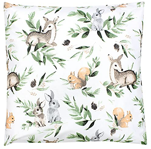TupTam Kissenbezug Gemustert Bunte Kissenhüllen Dekokissen für Baby und Kinderzimmer, Farbe: Eichhörnchen/Hirsch/Blätter/Grün, Größe: 80 x 80 cm