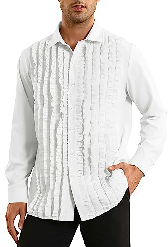 Bbalizko Mens Ruffle Tuxedo Shirt 80s Prom Ruffled Button Down Frill Pleated Ruche Long Sleeve Shirts Top White