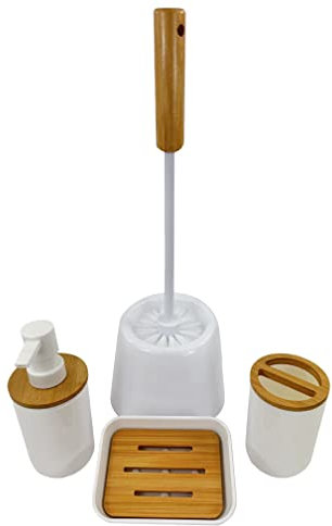 Juego de 4 Piezas para Baño Bambú + PVC/Accesorios de Baño de Bambú/Set 4 Piezas para Baño Dispensador, Jabonera, Soporte Cepillos, Escobillero Baño