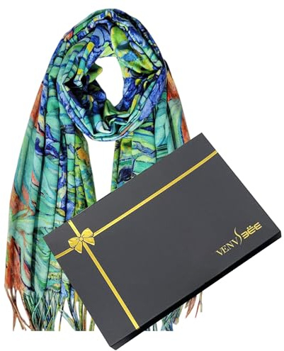 VENVSBEE Van Gogh Scarves Art Scarf for Women Best Gift Reversible Soft Shawl Wrap Pashmina in Gift Box-03 Iris