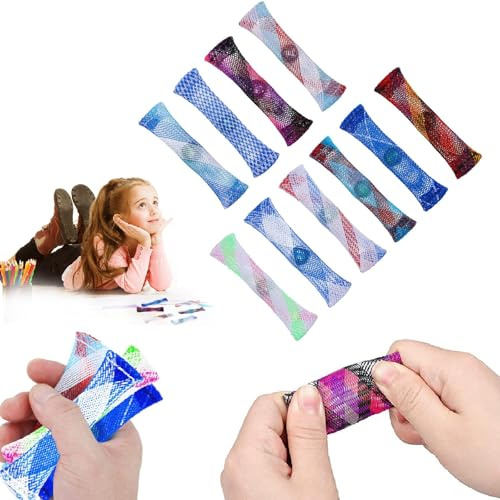 10 PCS Sensory Fidget Toys for School - Anxiety & Stress Relief Set with Marble-Filled Mesh Tubes (Blue)