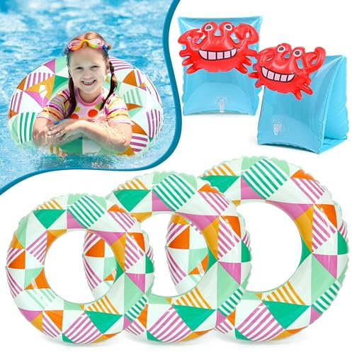 Lubbi 3pcs Anello di nuoto gonfiabile,Motivo a righe,Multi-formato,2pcs Braccioli di Sicurezza per bambini,Salvagente Bambini,Swim Ring,Spiaggia Per Estiva, Feste In Piscina,per Bambini Adulti