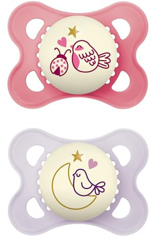 MAM Original Night Succhietto 2-6 Mesi (Set da 2), Ciuccio MAM 2-6 mesi che si illumina al buio con tettarella in silicone, Kit da 2 accessori neonato con porta ciuccio sterilizzatore, Rosa/Lilla