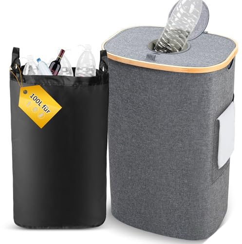 SOUTHGATE 100L Large Recycling Bins for Kitchen, Indoor Deposit Bottle Collector Bins with Flip Lid, Removable Inner Bag & Side pocket, for Bottles and Cans, Grey