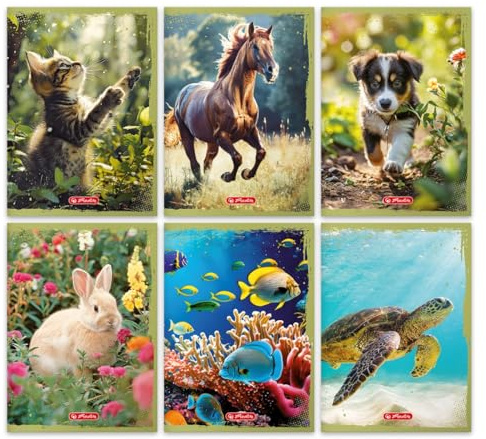 Herlitz® A5 skolbok 32 breda linjerade ark 70 g | ämnesanteckningsbok för studioanteckningar | Student skrivbok | för lärande kalligrafi | Urvalsdesign | Djur mix 6 omslag
