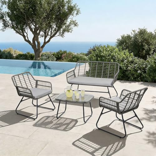IDIMEX Gartenmöbel Riviera, Schwarz & Grau - Zweisitzer Loungeset mit 2 Sesseln und Beistelltisch, kleines Gartensofa aus Polyrattan, Metallgestell wetterfest