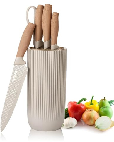 Chef Knife Set with Block, 6-Piece Kitchen Knives Set with Sharp Blades, Professional Knife Set with Ergonomic Handle, Non-Stick Stainless Steel Knife Block Set (Khaki)