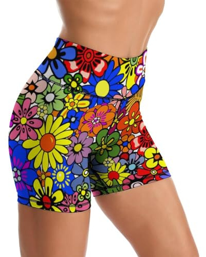 Retro 80S 90S Flower Yoga Short for Women High Waisted Biker Shorts Gym Athletic Running Workout Yoga Shorts S