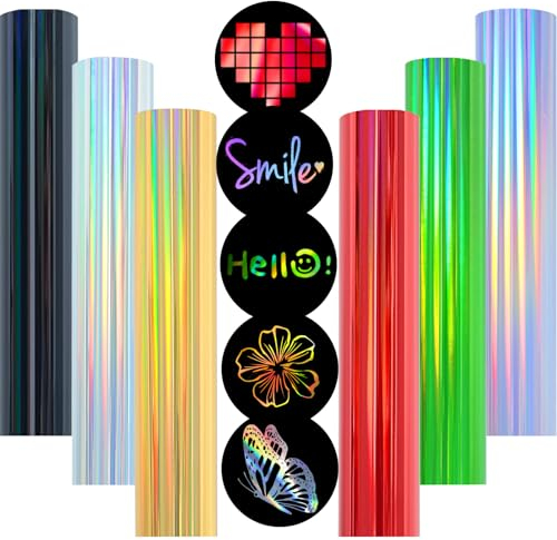 NANAPLUMS Plotterfolie Textil, 6 Farben 30,5x25cm Blätter HTV Bügelfolie für Kleidung und Stoff, Leicht zu entgittern HTV Bügelfolie (Holographisches Regenbogen)