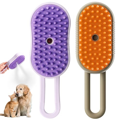 2 Stück 3-in-1 Dampfbürste für Hunde, Katzenbürste mit Dampf, One-Touch-Spray, Massagereinigung, Geeignet für Langes und Kurzes Haar (Lila + Khaki)