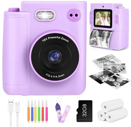 Camara Fotos Infantil Instantanea, Ambesty Camara Fotos Infantil, 2.4 HD Cámara Instantánea con Tarjeta 32GB y Papel de Impresión, 1080P HD Video Cámara, Regalos para Niños y Niñas de 3-12 (Morado)