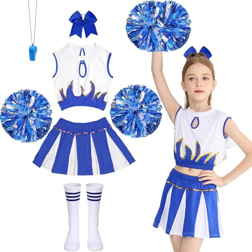 Deguisement Pompom Girl,Costume Cheerleader enfant sans Manche avec Pompoms, Sifflet ,Couvre-chefs et Chaussettes,Tenue de cheerleading enfants filles costume de carnaval pour 8-16 ans (Bleu, 130m)