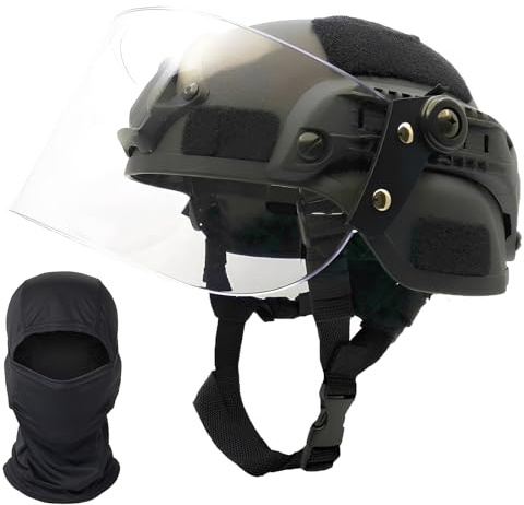 LZAQHMT Casco Tattico MICH 2000 Con Visiera Trasparente Antisommossa Occhiali Scorrevoli Antiappannamento Per Airsoft, Paintball WarGames(BK)