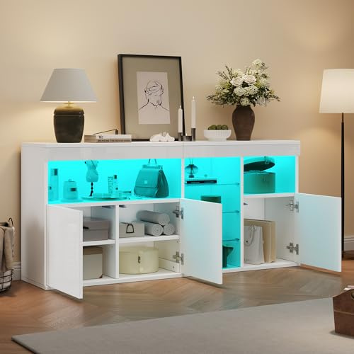 Kelodan Armadietto da soggiorno 155,5 x 35 x 72 cm, lucido con LED, credenze con 3 ante per armadi, 3 divisori in vetro, armadietto per sala da pranzo, ampi armadietti senza maniglie, per divano