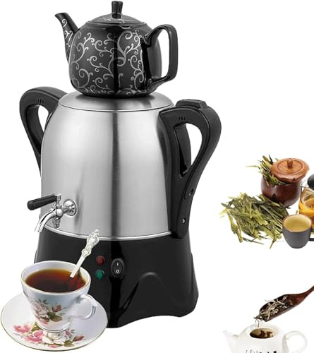 Elektrisk turkisk tebryggare, elektrisk turkisk samovar med varmhållningsfunktion, 3L tekanna i rostfritt stål och 1 L keramisk tekanna, for kaffe, doftande och turkiskt te(Black)