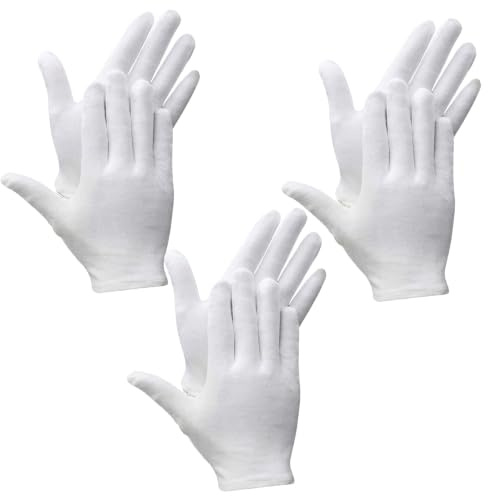 6 Pack White Cotton Gloves, Soft Breathable for Dry Hands, Reusable One Size Fits Most, 8.6 in Wrist-Length, Overnight Cream Wear, Daily Tasks
