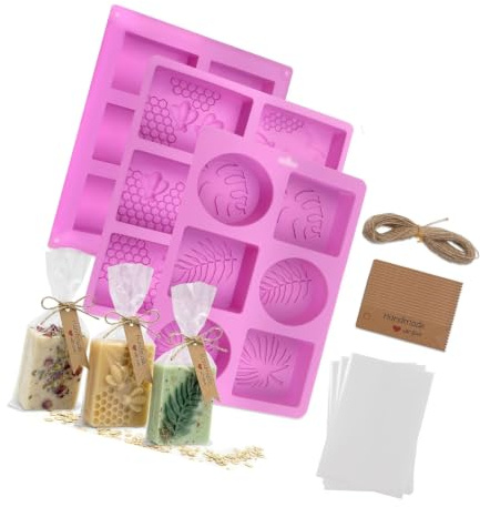 Formas de jabón para proyectos de manualidades, juego de formas de silicona de 102 piezas con patrones en relieve, etiquetas para bolsas y cordón para hacer jabón en hogar y envolver bolsas de de