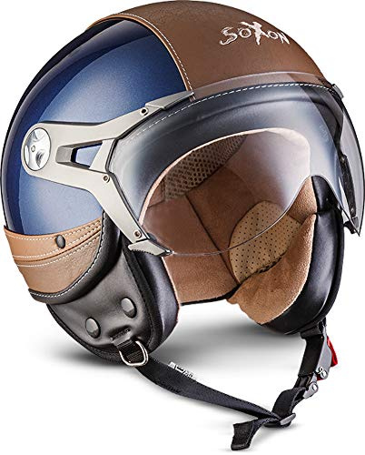 Soxon® SP-325 Urban „Blue“ · Jet-Helm · Motorrad-Helm Roller-Helm Scooter-Helm Moped Mofa-Helm Chopper Retro Vespa Vintage Pilot · ECE 22.05 Visier Leather-Design Schnellverschluss Tasche S (55-56cm)