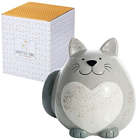 SPOTTED DOG GIFT COMPANY Spardose Kinder aus Keramik, Sparschwein mit Katzenmotiv für Mädchen Jungen Erwachsene, Niedliche Sparbüchse, Geschenke für Katzenliebhaber Katzenmama, Grau